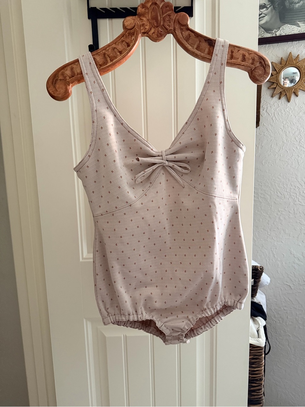 Vintage Cream Bow-Front Bodysuit/Swimsuit with Tiny Dot Floral Print